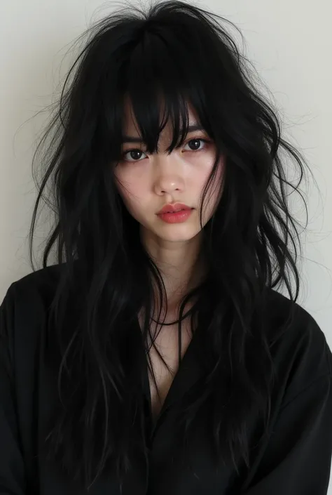 arafed woman with long black hair and a black shirt, an album cover inspired by Kusumi Morikage, reddit, tachisme, black hair in a rough shag, black wavy hair with bangs, hair blackbangs hair, she has black hair with bangs, fluffy bangs, black messy hair, ...