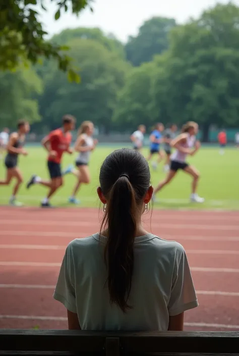 a sad 30-year-old girl sits and watch runners pass by her on track