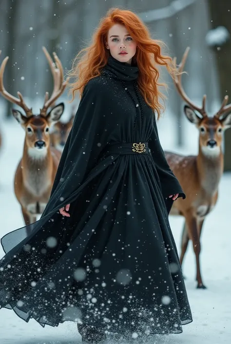  young seductive redblonde female Witch apprentice, winter, flames in brown eyes, black cloak, confident face, dancing and have fun with deer 