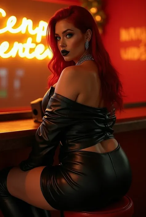 A full-length beautiful girl with a gorgeous figure looks seductively over her shoulder and exposes her curvy big ass on the bar stool, leather minimalism high waist skirt,  boots above the knee ,  high-heeled boots with thick heels and a high sole platfor...