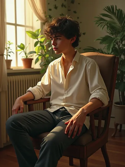 ( photorealism:1.2),  Handsome boy ,  sits on a chair,  wearing a loose shirt, trousers,  haircut,  in the room ,  soft lighting ,  plants in the background ,   window with sunlight ,  a cozy room, relaxed pose,  realistic,   intricate details  , warm colo...