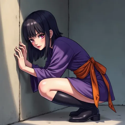 Ninja Girl wearing a purple mini dress with matching sleeves, orange obi tied into a bow, thigh high socks, ankle boots crouched down against a wall, She is peering around a corner, one hand resting on the wall for balance, her body tense and ready. Her ey...