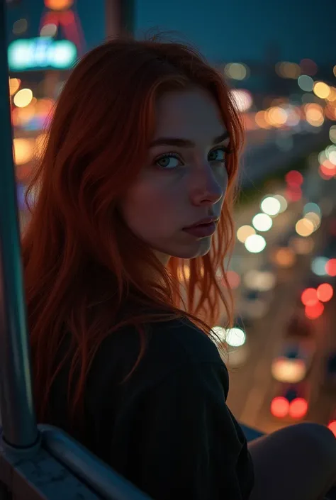  ultra realistic .
We have a young woman , With long red hair ,  her eyes are green and the image shows her profile .
 IT'S NIGHT ,  she is sitting on one of the chairs of a Ferris wheel, in the distance,  a road full of cars ,  at her feet the city illumi...