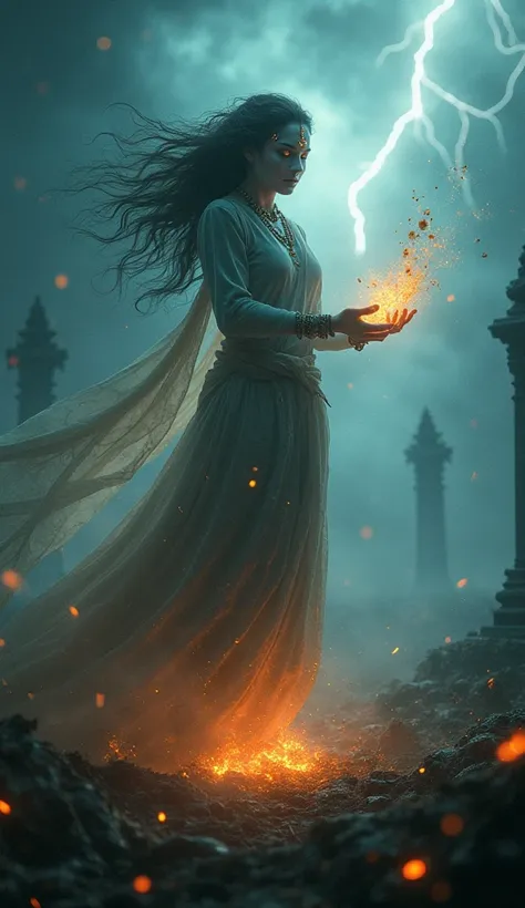 "Create a dynamic scene featuring Dravyakshini, a mystical character who controls life and death. She stands in a dark, stormy graveyard, surrounded by swirling winds and eerie energy. Her glowing eyes radiate power, with fiery bones floating around her, s...