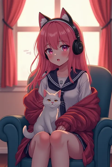 anime girl with headphones sitting in a chair with a cat, an anime drawing inspired by Puru, pixiv, tachisme, anime style 4 k, best anime 4k konachan wallpaper, cute anime girl, an anime girl, anime vibes, anime visual of a cute girl, anime girl, nightcore...