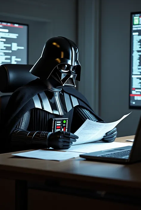 Darth Vader sitting at his desk, doing his taxes