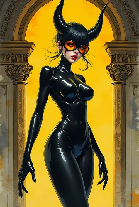 A detailed watercolor art nouveau painting of a slender woman in a tight latex outfit. Half yellow black paint. Wild and dangerous. Mesmerizing look. Style of Enki Bilal. Style of Philippe Druillet. Style of Moebius. Style of Métal Hurlant. Ornate antiquit...