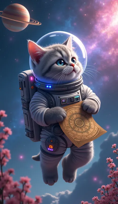 An astronaut cat floating in space, wearing a bright and detailed spacesuit ,  and a transparent helmet that reflects the stars .  The cat has gray and white fur ,  and its eyes sparkle with curiosity . in the distance,  you see a spaceship in the shape of...