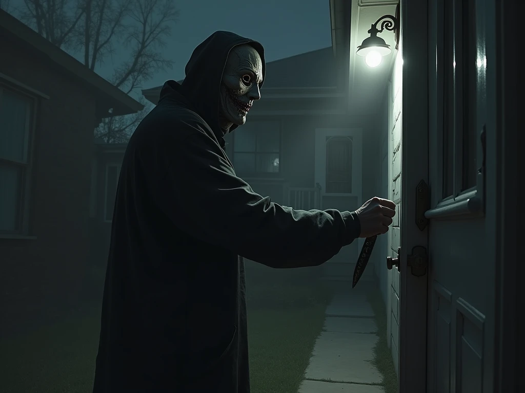 Create an image of a creepy man wearing a killer mask, In front of a house at night ringing the doorbell, That same man rings the bell with one hand and holds a knife with the other hand