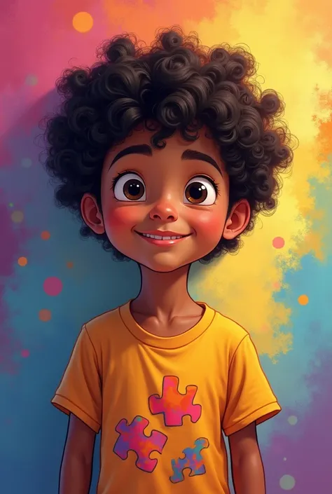 boy,  curly black hair, s,  Dark eyes,  light brown skin ,  animation style , with autism symbol , very colorful image