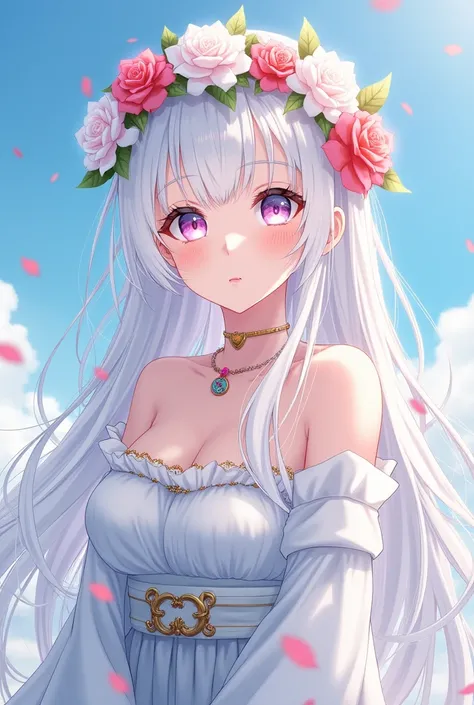 anime girl with long white hair and a flower crown on her head, guweiz, artwork in the style of guweiz, white haired deity, beautiful anime portrait, beautiful anime style, girl with white hair, beautiful anime art style, anime artstyle, high quality anime...