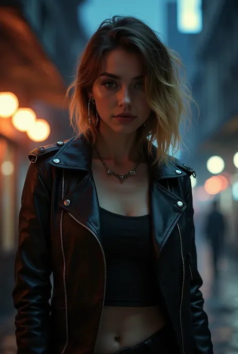 Create a realistic character, With the essence of Patricinha, clothes with leather jacket, And shirt underneath ,  brown hair with blonde tips, a vampire look and background in a mysterious city at night 