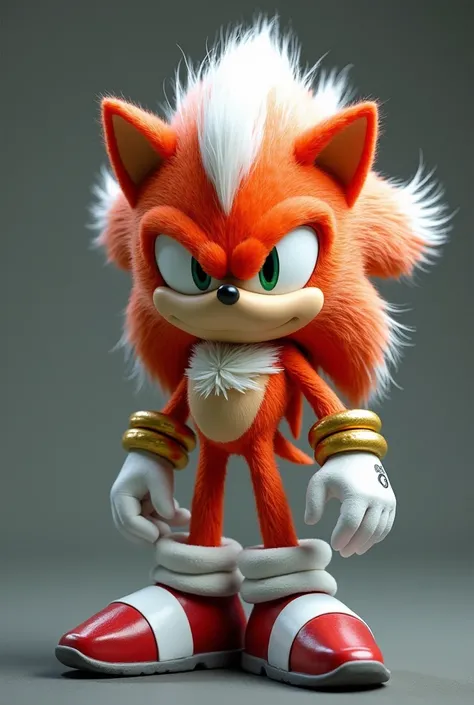 
A large hedgehog inspired by Sonic and silver with gold bracelets like the shadow and a half-orange red color and with creepy white hair like that of Super Sayajin 3 and white boots and a scar on the face like that of Harry Potter 