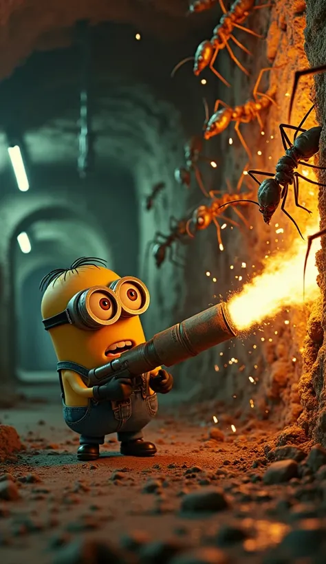 "Otto, the energetic Minion from the famous Minions animated movie, is reimagined as a resourceful engineer fighting off mutant ants in an underground bunker. Otto is wielding a flamethrower, spraying fire at a swarm of grotesque ants climbing the walls. T...