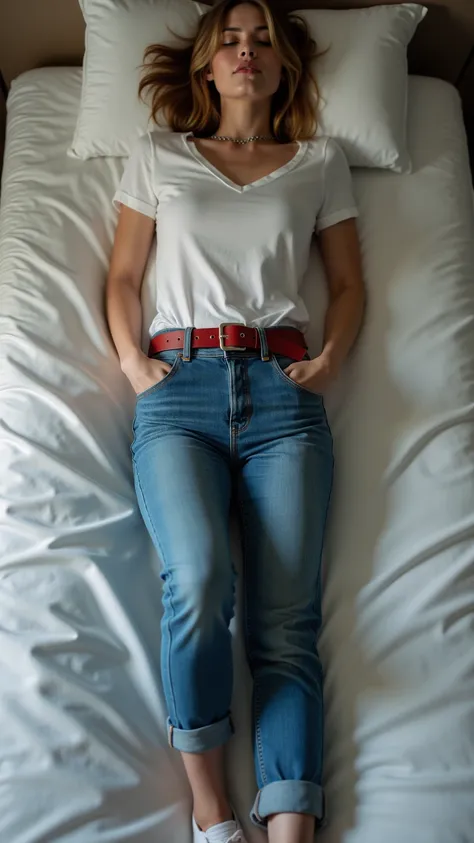  Ultrarealistic image .  perspective seen from her feet . A 25-year-old German woman .  She has straight dark blond shoulder-length hair.  she has a slim face . She is dressed in a white top.  She is dressed in tight blue jeans with a narrow red leather be...