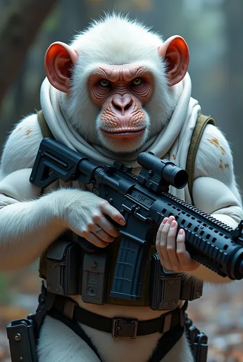  Generate the image of an anthropomorphic albino chimpanzee ,  wearing a galactic special forces suit ,  with an assault rifle in his hands with a very futuristic design,  with a very detailed and stylized design ,  style wallpaper ,  many special effects ...