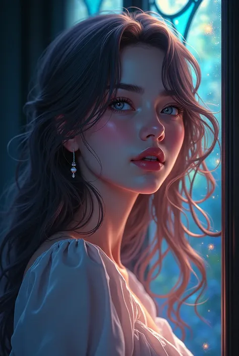 A beautiful woman in the dark being illuminated only by the reflection of a stained glass window with long wavy hair with beautiful details in a Shoujo 2000 anime style