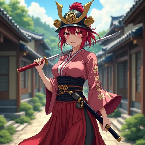 1 , 18 years old, samurai girl, custom kimono , kanjis ,  custom samurai helmet ,  red hair,  red sharingan eyes ,  huge tits,  curvy body ,  big ass,  custom skirt ,  removing a katana from the sheath,  custom katana ,  Looking at the viewer, arrogant smi...