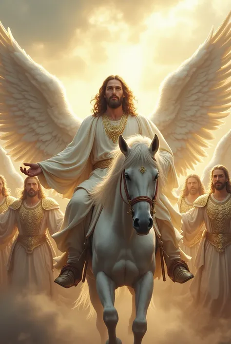 Realistic image of Jesus on a white horse and an army of angels