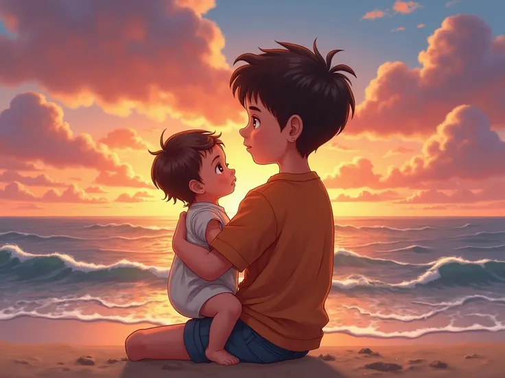 A boy carrying his baby sister in his arms watching the sunset on the seashore.