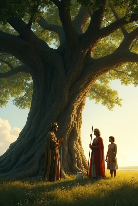 Picture this: Under the shade of a massive, ancient tree stands a king, regal in his attire, flanked by two humble farmers. The king, with a benevolent smile, holds a staff symbolizing authority, while the farmers, dressed in simple clothing, carry tools o...