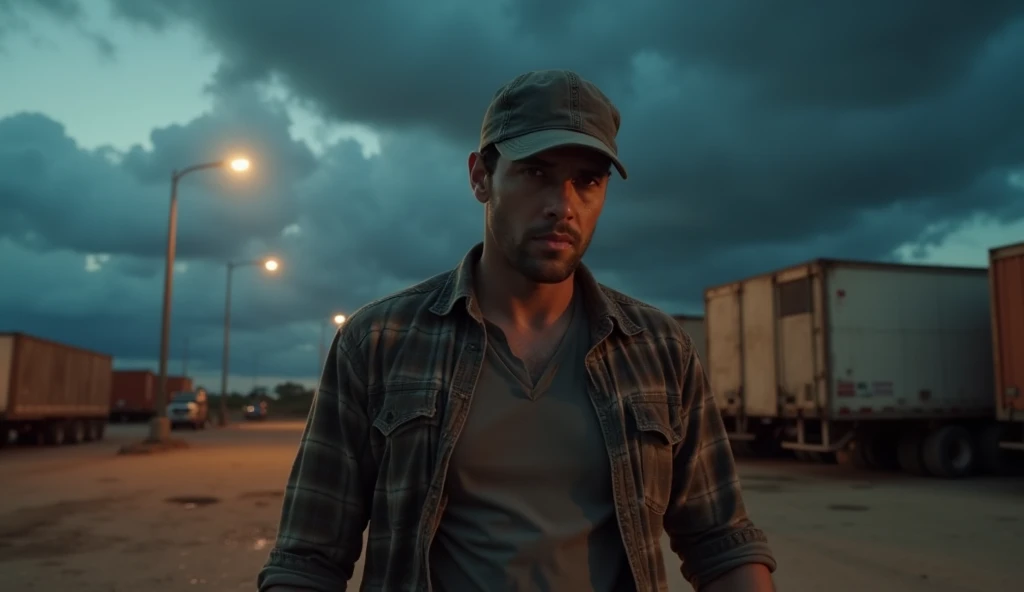 A man in his late 30s, with short dark hair and brown eyes, dressed in a weathered trucker cap and a flannel shirt, walks across a dusty truck yard at dusk. The sky above is heavy with dark storm clouds, hinting at an impending downpour. The ground is grit...