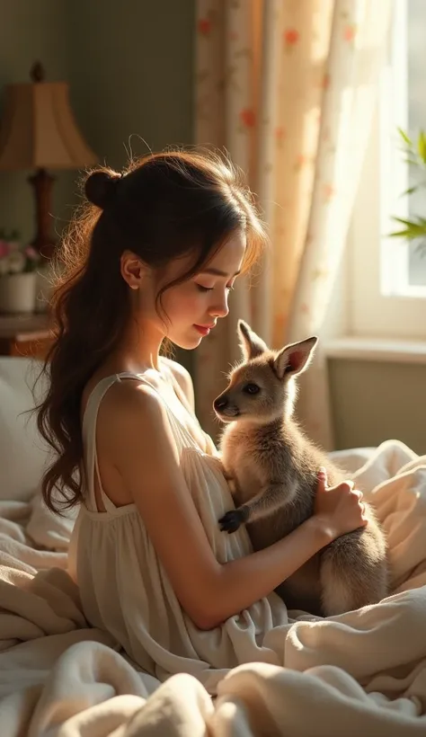 Hyperrealistic image of a young woman playing with a baby kangaroo in her room.