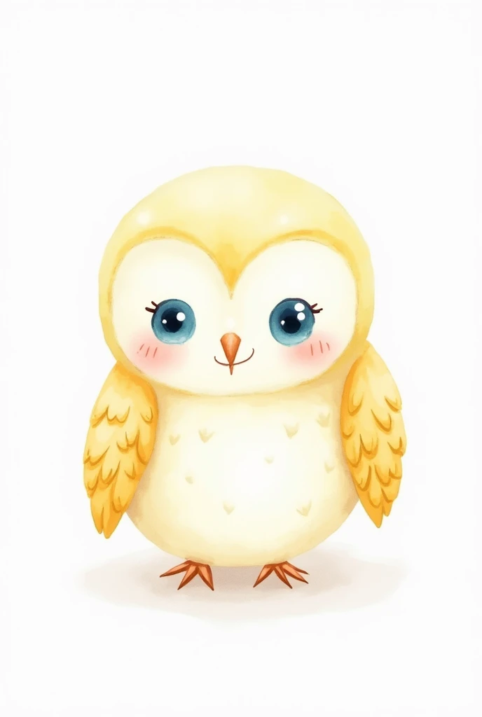  Watercolor illustration of Linda , delicate, Cute little owl , very cute, Her feathers are soft and light yellow , Very clear. Watercolor and minimalist .  She has sky blue eyes and flushed cheeks, She is baby ,  And there is a kind look and a happy smile...