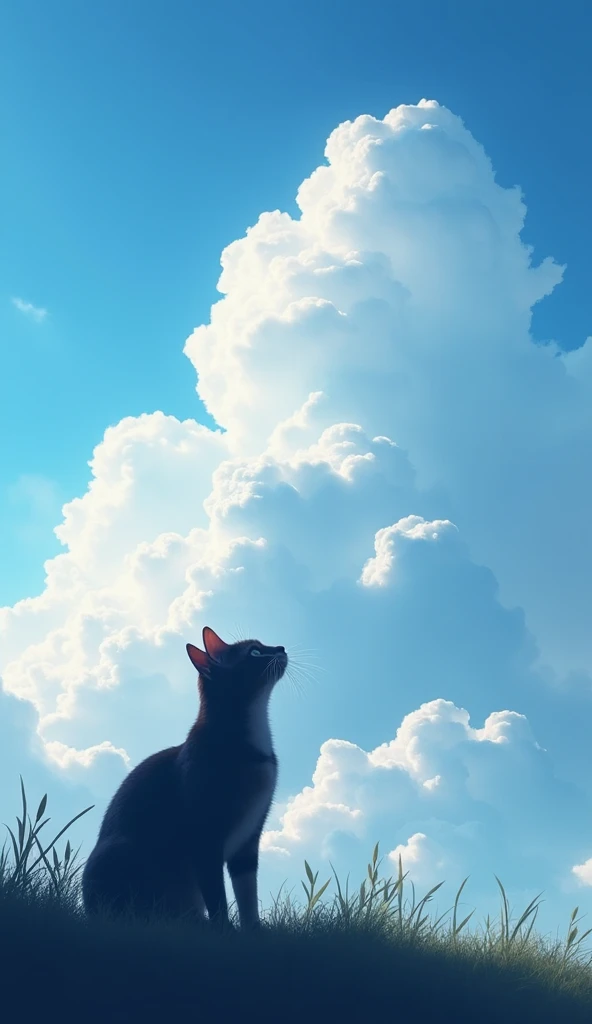 Beautiful cat silhouette looking up at the sky 、Genuine。 Beautiful Blue and White 、giant clouds 、Vast Clouds and Skies 、 Infinite Clouds and Skies 、 Spectacular Cloud Perspectives 、Morning sunlight（Asahi）、 Rembrandt Light （Rembrandt Lighting）、 beautiful de...