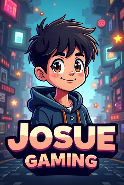 Create me a Mascot logo where the mascot is a boy with black hair and brown eyes with a sweatshirt and underneath it has the letters "JOSUE GAMING " with a video game background 