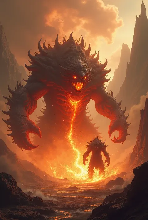 an epic scene where there is going to be a fight between one and two huge monsters : , the first one that is an elemental of fire and lava and the other that dominates gravity and the earth 