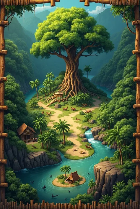 Do you have a treasure map,  inside the map there will be a jungle that has a wooden fence, with rivers and animals and a camp and a giant tree in the center