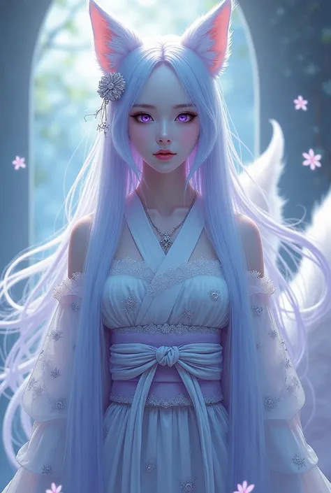   female character  ,  long light blue hair ,  purple eyes,  pure white skin,  Long kimono suit ,   bow with fox ears and nine fox tails 