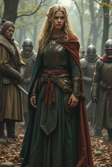 A full body medieval RPG character: Elf, The only surviving woman, strong and resilient, who bears the grief of the loss of her husband with dignity, medieval combat background, realistic, high quality, masterpiece