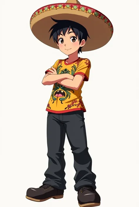 Wero male anime character wearing a Mexican hat, black hair, a Mexican t-shirt, black pants, black shoes without a beard. 