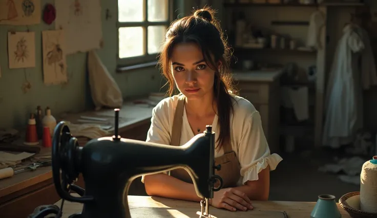 A young woman in her mid-20s, with long brown hair tied in a simple ponytail, soft brown eyes, and a determined expression. She is Latina, dressed in a plain blouse and apron, sitting at a vintage sewing machine in a dimly lit workshop. The room is clutter...