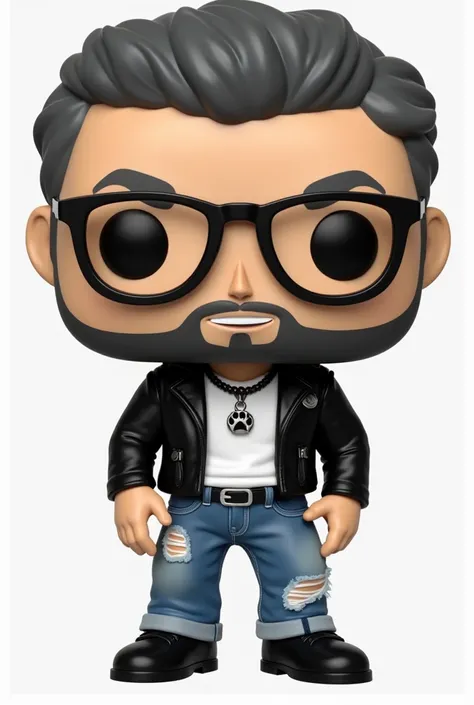 Cream me a male funko pop, with original white and grey coloured packaging with the name Ancilo, he is smiling, short black and grey hair, wearing blue ripped jeans, black belt, white shirt and a black leather jacket. He wears around his neck a steel neckl...