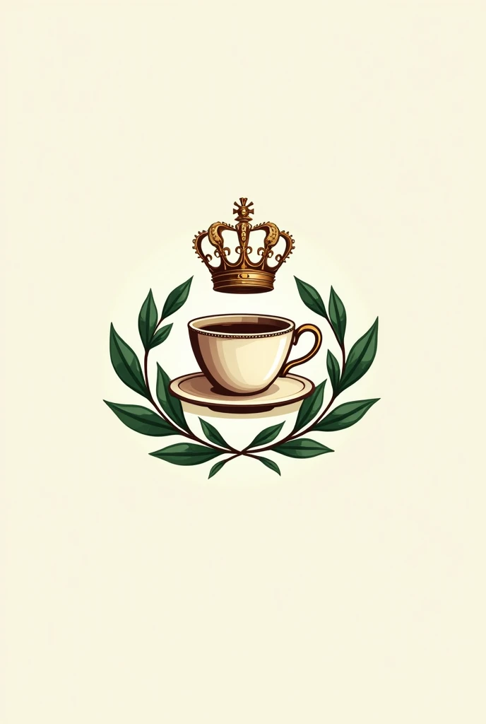 Create a logo with a coffee cup with bay leaves around it and a crown on top