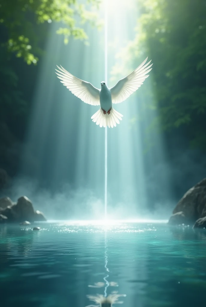  a clear river flowing ,  with a white dove hanging in the air and a beam of light illuminating the water ,  symbolizing the birth of 'water and the Spirit' mentioned by Jesus."