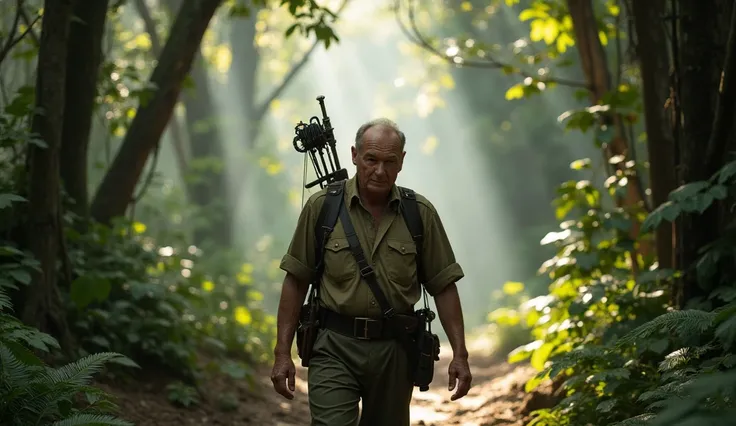 the young Jack Churchill walking confidently through a dense jungle during the Asian campaign, wearing a khaki shirt with the sleeves rolled up, carrying a longbow slung over one shoulder and a sheathed sword at his side. Beams of sunlight filter through t...