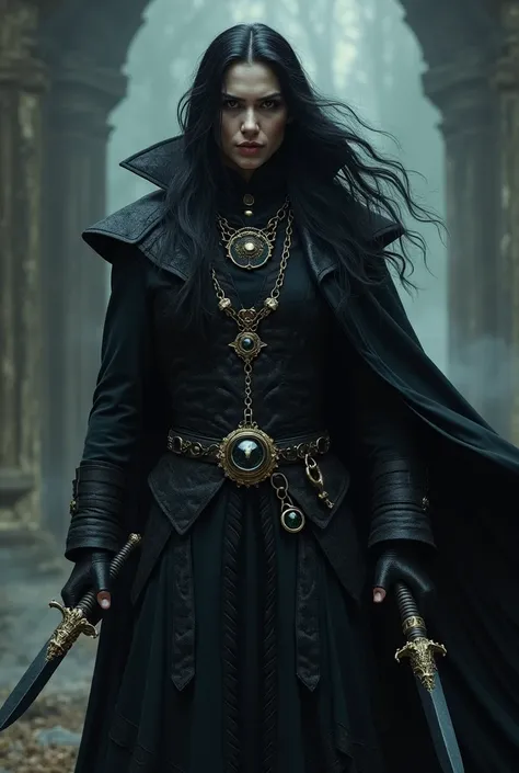  create an image of a wizard with daggers, vampire necromancer clothes ,  with black hair,  black eyes