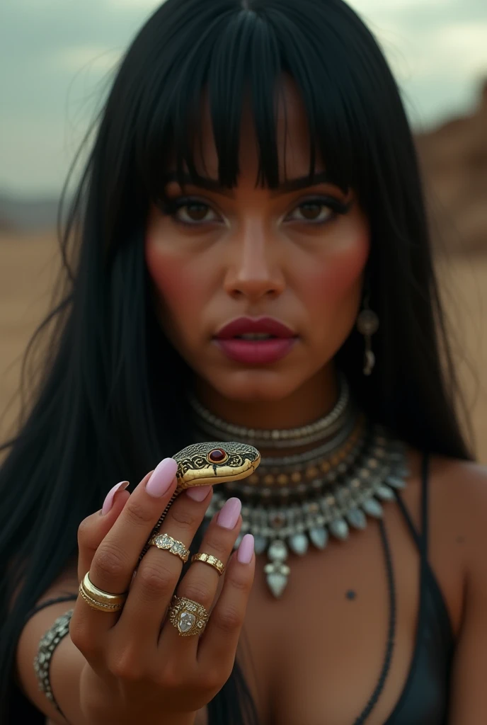 Distant view of a Latin woman with straight black hair with beautiful makeup large rings long nails full lips reddish with pink blush Egyptian brown skin with cobra in her hand