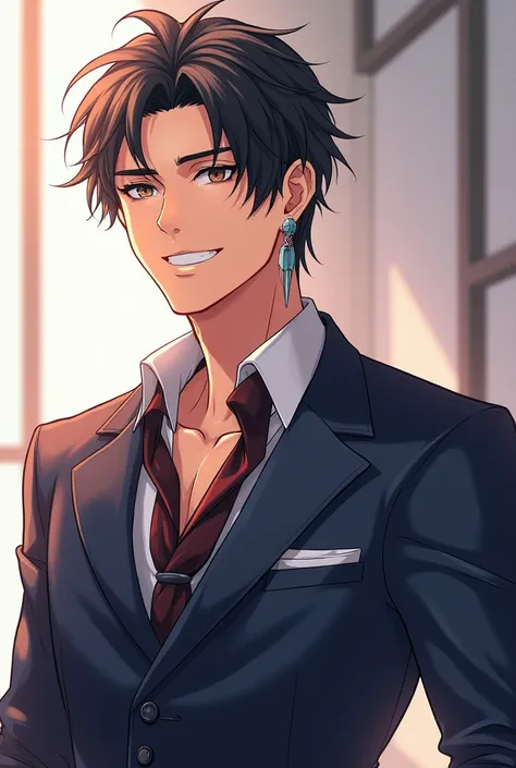 Create a beautiful handsome anime tall guy with earrings and a smile. Uptable studio 