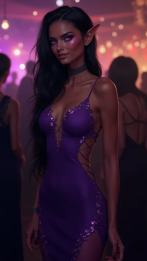 A woman with pointy ears, violet eyes,  Black hair, wearing a purple dress , in a party room,  slightly tanned skin , Federica 