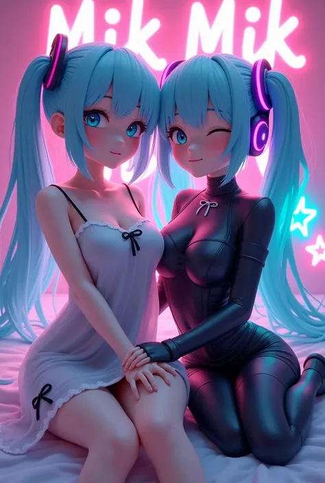 Модель нHigh quality, masterpiece, ultra detailed 3D render, two anime-style characters, female, cute, playful, in a neon-lit environment. One character has light blue hair styled in a ponytail, large blue eyes, blushing cheeks, a fair complexion, and is w...