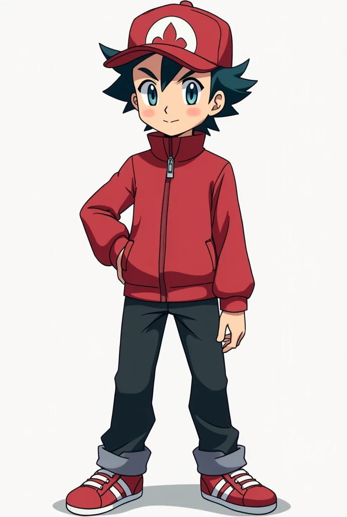 a cartoon image of a boy in a red jacket and black pants, a digital rendering inspired by Akihiko Yoshida, shutterstock, sots art, pokemon trainer, pokemon trainer outfit, akihiko yoshida!, full body sprite, for pokemon red and blue, red and grey only, new...