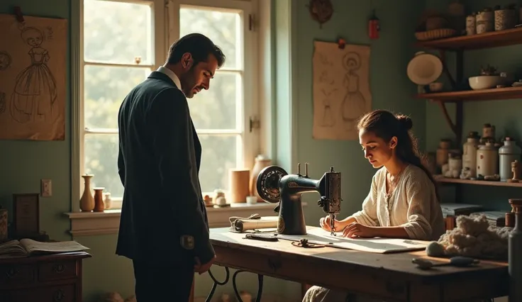 A dramatic and emotional scene representing a humble seamstress in her mid-20s, with long brown hair tied back, soft brown eyes, and a modest dress, working diligently in her small, cluttered workshop. She sits at an old sewing machine, surrounded by rolls...