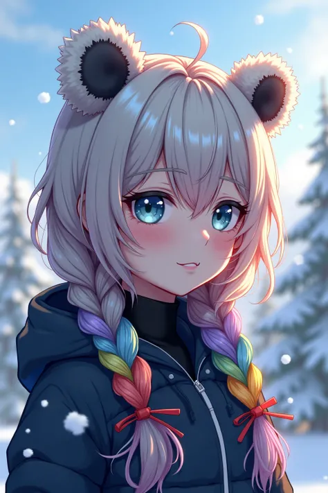 ((RAW Photo), absurd, (absurdresolution)), masterpiece, best quality, (Extremely detailed 8k unity CG wallpaper), (best illustration), (best shadow), anime, 1girl, mature, cyberpunk fashion, hair style Braid rainbow color, polar chase, bear ears , snow