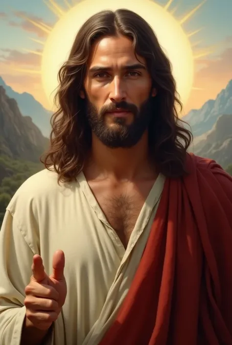  Realistic portrait of Jesus Christ based on popular belief . He has long, wavy hair, Dark brown,  with a well-defined beard and deep, serene eyes , Transmitting compassion and wisdom. Your skin has a medium tone, reflecting its origin in the Middle East. ...