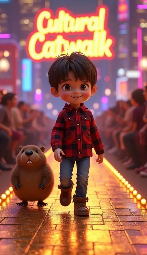 A  boy is confidently doing a catwalk on a unique and creative runway in a lively, engaging setting. The background features a vibrant cityscape with colorful lights, a giant, glowing neon sign that reads "Cultural Catwalk," and a crowd of joyful spectator...